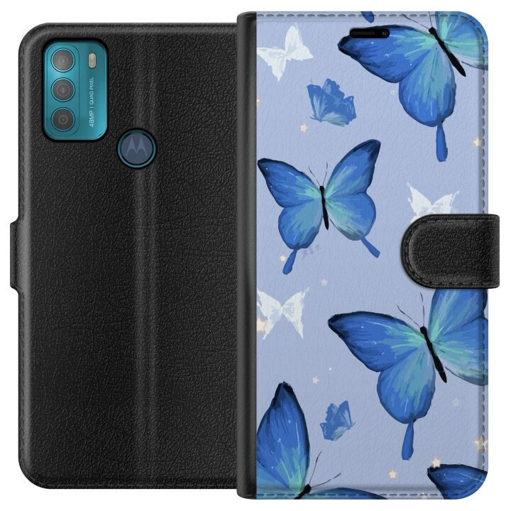 Plånboksfodral till Motorola Moto G50 med Blå fjärillar motiv i gruppen SMARTPHONE & SURFPLATTOR / Mobilskydd / Motorola hos TP E-commerce Nordic AB (A55032)