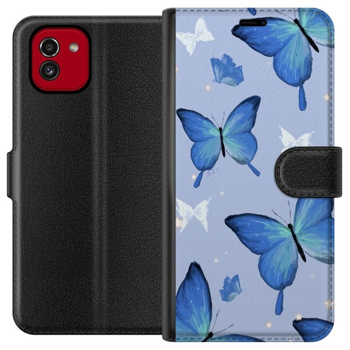 Plånboksfodral till Samsung Galaxy A03 med Blå fjärillar motiv i gruppen SMARTPHONE & SURFPLATTOR / Mobilskydd / Samsung hos TP E-commerce Nordic AB (A58218)