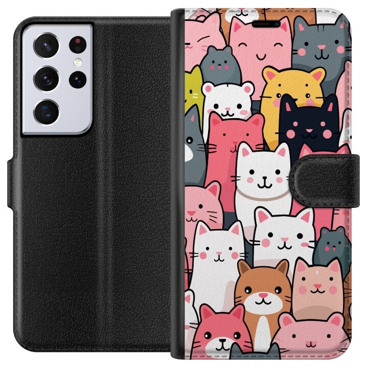 Plånboksfodral till Samsung Galaxy S21 Ultra 5G med Kattmönster motiv i gruppen SMARTPHONE & SURFPLATTOR / Mobilskydd / Samsung hos TP E-commerce Nordic AB (A62422)