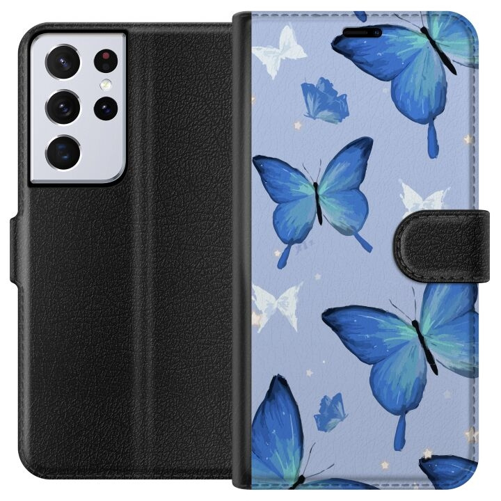 Plånboksfodral till Samsung Galaxy S21 Ultra 5G med Blå fjärillar motiv i gruppen SMARTPHONE & SURFPLATTOR / Mobilskydd / Samsung hos TP E-commerce Nordic AB (A62430)