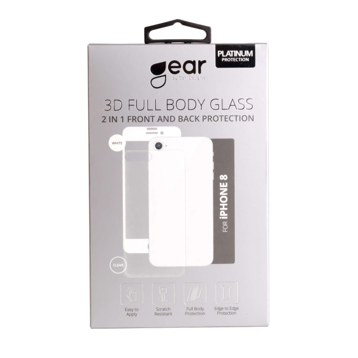 Gear Härdat Glas 3D 2in1 Front & Back iPhone8 Edge to Edge Vit med Klar baksida i gruppen SMARTPHONE & SURFPLATTOR / Mobilskydd / Apple / iPhone 8 / Skärmskydd hos TP E-commerce Nordic AB (C04219)
