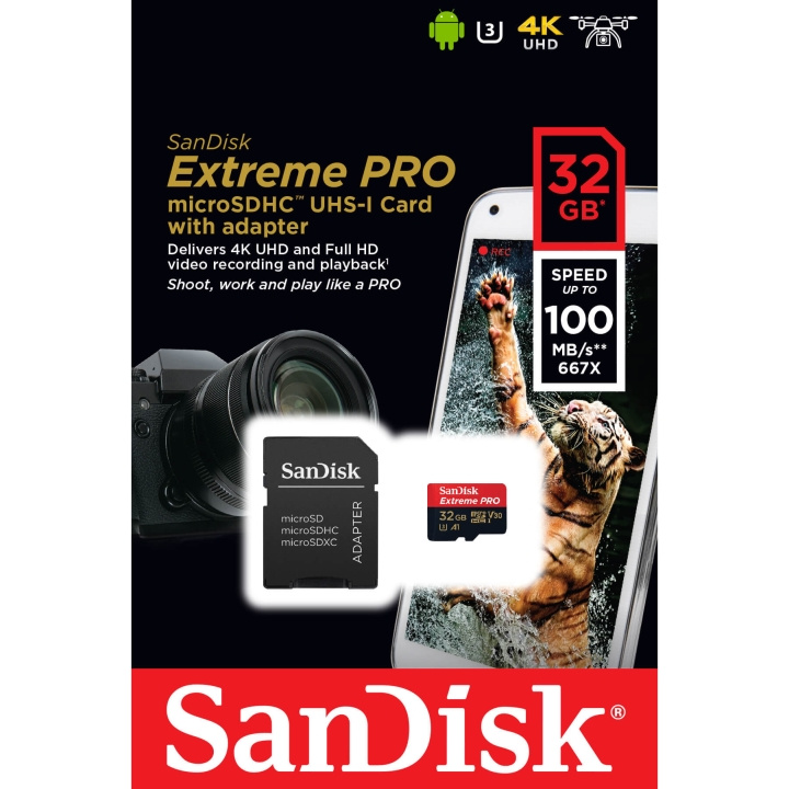 SanDisk MicroSDHC Extreme Pro 32GB 100MB/s A1 C10 V30 UHS-I i gruppen HEMELEKTRONIK / Lagringsmedia / Minneskort / Micro SD/HC/XC hos TP E-commerce Nordic AB (C06636)