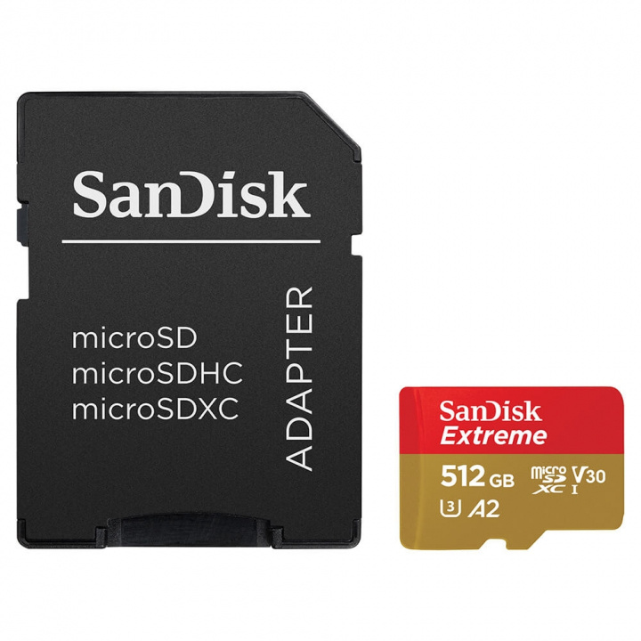 SanDisk MicroSDXC Extreme 512GB Adapter 190MB/s A2 C10 V30 i gruppen HEMELEKTRONIK / Lagringsmedia / Minneskort / Micro SD/HC/XC hos TP E-commerce Nordic AB (C06662)