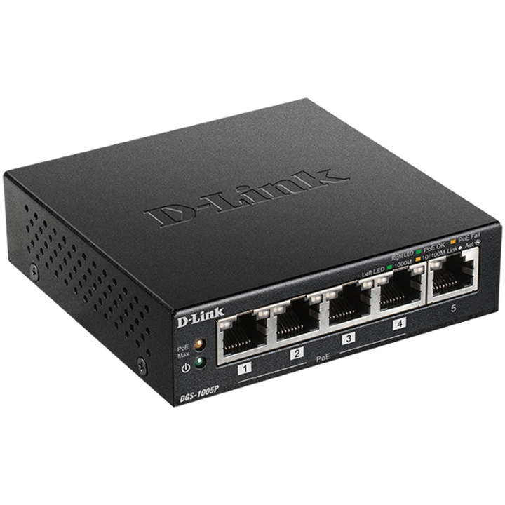 D-Link DGS-1005P 5-Port Gigabit PoE+ Switch i gruppen DATORER & KRINGUTRUSTNING / Nätverk / Switchar / 10/100Mbps hos TP E-commerce Nordic AB (C08621)