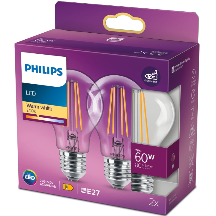 Philips 2-pack LED E27 Normal 7W (60W) Klar 806lm i gruppen HEMELEKTRONIK / Belysning / LED-lampor hos TP E-commerce Nordic AB (C13204)
