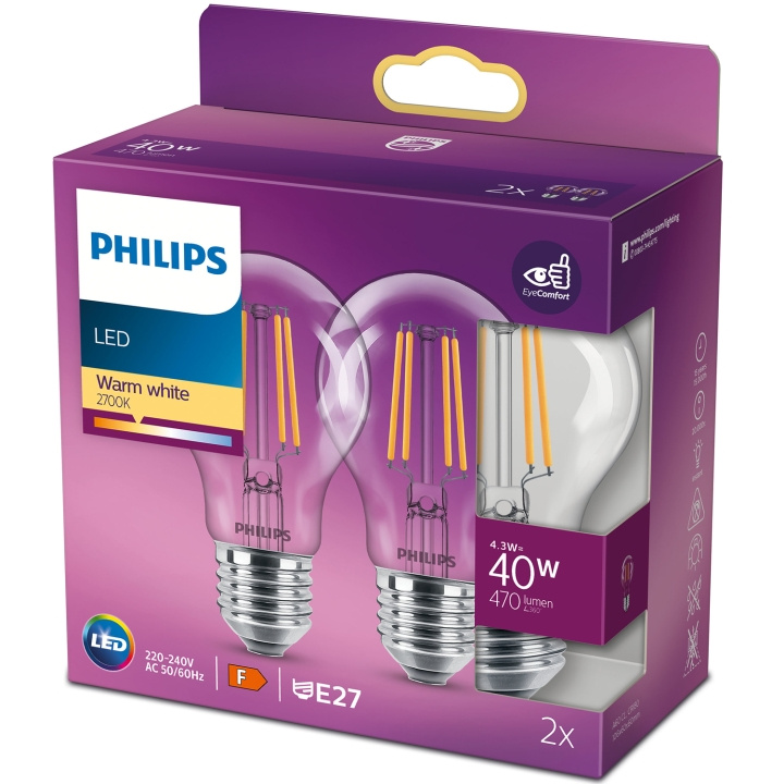 Philips 2-pack LED E27 Normal 4,3W (40W) Klar 470lm i gruppen HEMELEKTRONIK / Belysning / LED-lampor hos TP E-commerce Nordic AB (C13206)
