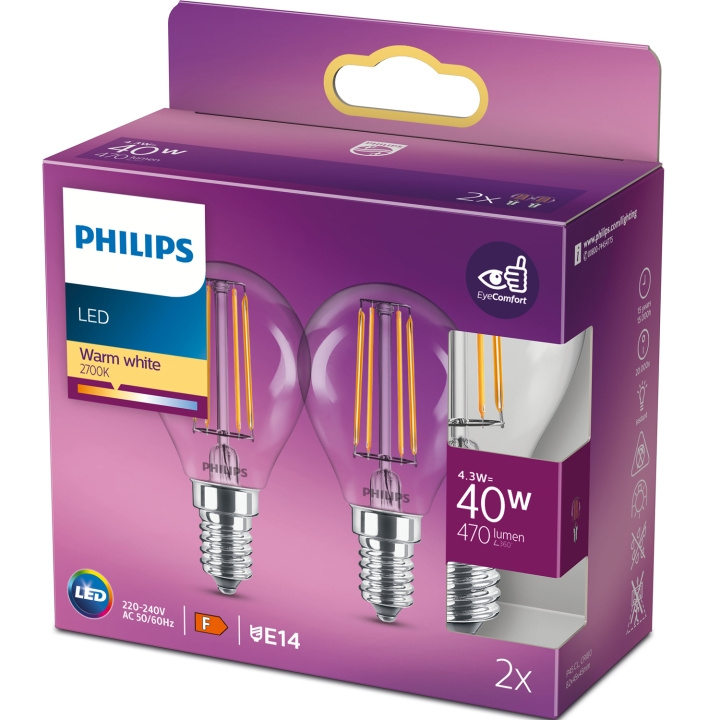 Philips 2-pack LED E14 Klot 4,3W (40W) Klar 250lm i gruppen HEMELEKTRONIK / Belysning / LED-lampor hos TP E-commerce Nordic AB (C13207)