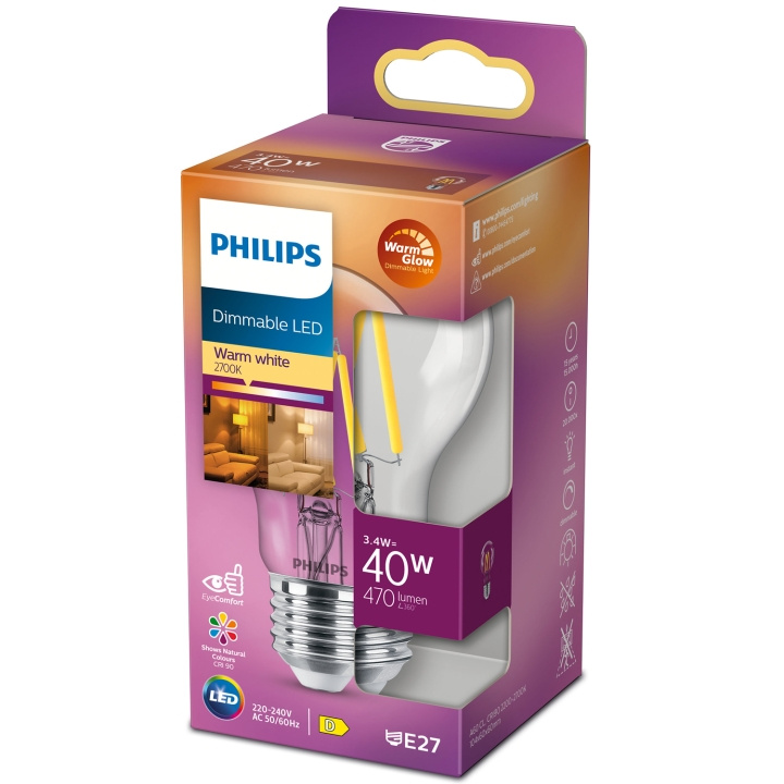 Philips LED E27 Normal 3,4W (40W) Klar Dim WarmGl 470 i gruppen HEMELEKTRONIK / Belysning / LED-lampor hos TP E-commerce Nordic AB (C13208)