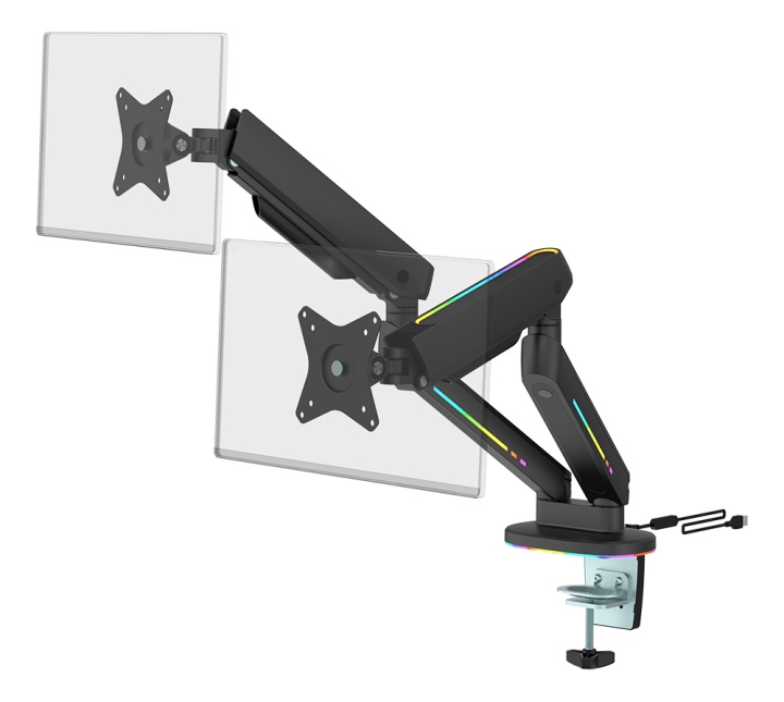 DELTACO GAMING Premium Dual Monitor Arm med RGB Belysning inkl Kontroll, Svart i gruppen DATORER & KRINGUTRUSTNING / Datorskärmar & Tillbehör / Monitorarmar & fästen hos TP E-commerce Nordic AB (C16423)