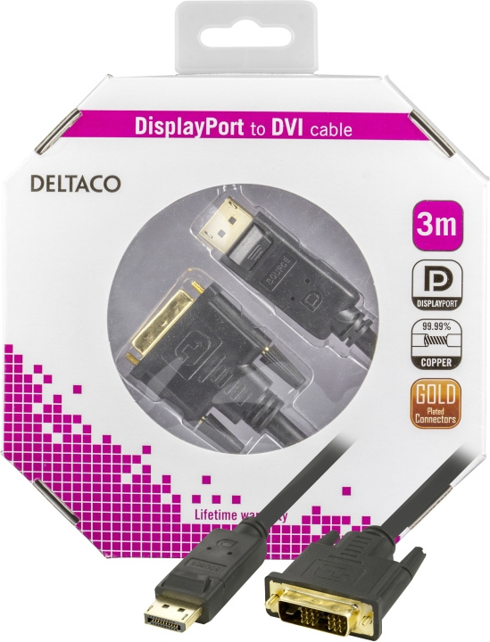 Deltaco DisplayPort to DVI cable, 20-pin male - male, 3m, black i gruppen DATORER & KRINGUTRUSTNING / Datorkablar / DVI / Kablar hos TP E-commerce Nordic AB (C17843)