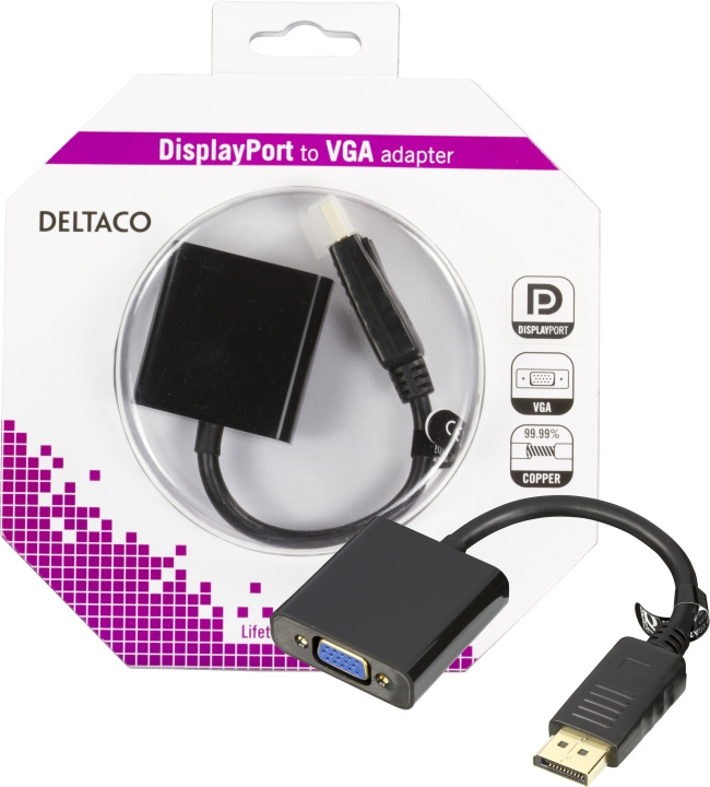 DELTACO DisplayPort till VGA-adapter, Full HD i 60Hz, 0,2m, Svart i gruppen DATORER & KRINGUTRUSTNING / Datorkablar / DisplayPort / Adaptrar hos TP E-commerce Nordic AB (C17859)