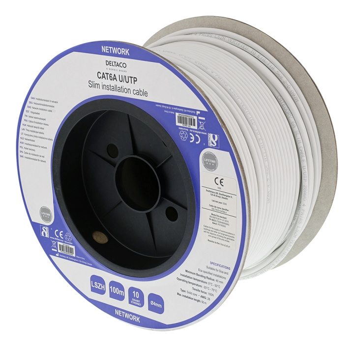 Deltaco U/UTP Cat6a installation cable slim 28AWG 100m LSZH white i gruppen DATORER & KRINGUTRUSTNING / Datorkablar / Nätverkskablar / Cat6 hos TP E-commerce Nordic AB (C18136)