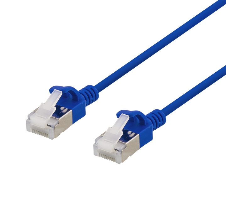 Deltaco U/FTP Cat6a patch cable, slim, 3.8mm in diameter, 0.5m, blue i gruppen DATORER & KRINGUTRUSTNING / Datorkablar / Nätverkskablar / Cat6 hos TP E-commerce Nordic AB (C18265)