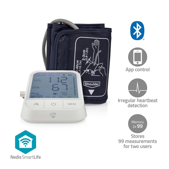 Nedis SmartLife Blodtrycksmätare | Arm | Bluetooth | LCD-skärm | 22 - 42 cm | Indikering av stillestånd / Upptäckt av att manschetten är påslagen / Upptäckt av oregelbundna hjärtslag | Vit i gruppen SKÖNHET & HÄLSA / Hälsovård / Blodtrycksmätare hos TP E-commerce Nordic AB (C25695)
