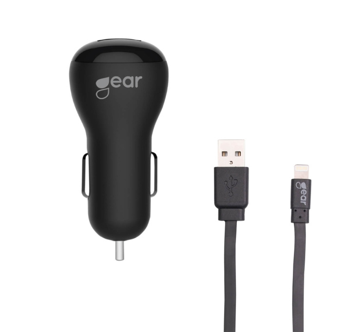 Gear Laddare 12-24V 2xUSB 2,4A Svart Lightning Kabel platt 1m MFI i gruppen DATORER & KRINGUTRUSTNING / Bärbara datorer & tillbehör / Datorladdare / Billaddare hos TP E-commerce Nordic AB (C28601)