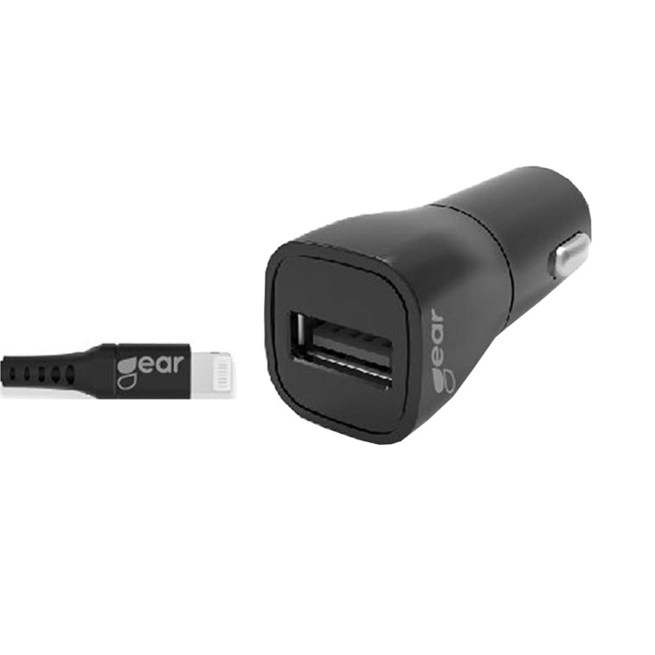 Gear Laddare 12-24V 1xUSB 2,4A Svart Lightning Kabel 1m MFI C89 i gruppen DATORER & KRINGUTRUSTNING / Bärbara datorer & tillbehör / Datorladdare / Billaddare hos TP E-commerce Nordic AB (C28614)