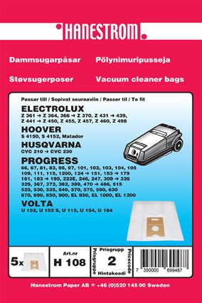 hanestroem Dammsugarpåsar Hanestrom Volta U 102. U 115. U154.U164 i gruppen HEM, HUSHÅLL & TRÄDGÅRD / Städprodukter / Dammsugare & Tillbehör / Tillbehör / Dammsugarpåsar hos TP E-commerce Nordic AB (C33203)