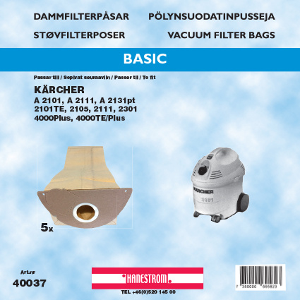 hanestroem Dammsugarpåsar Hanestrom Kärcher 2101. 2101TE i gruppen HEM, HUSHÅLL & TRÄDGÅRD / Städprodukter / Dammsugare & Tillbehör / Tillbehör / Dammsugarpåsar hos TP E-commerce Nordic AB (C33212)