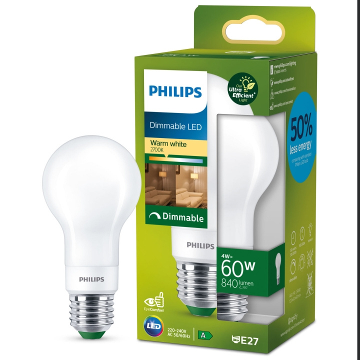 Philips LED E27 Normal 4W (60W) Frost Dimbar 840lm 2700K Energiklass A i gruppen HEMELEKTRONIK / Belysning / LED-lampor hos TP E-commerce Nordic AB (C33751)