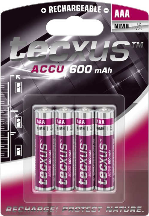 tecxus AAA (Micro)/HR03 laddningsbart batteri - 600 mAh, 4 st. blister Nickel-metallhydrid batteri (NiMH), 1,2 V i gruppen HEMELEKTRONIK / Batterier & Laddare / Laddningsbara batterier / AAA hos TP E-commerce Nordic AB (C38790)