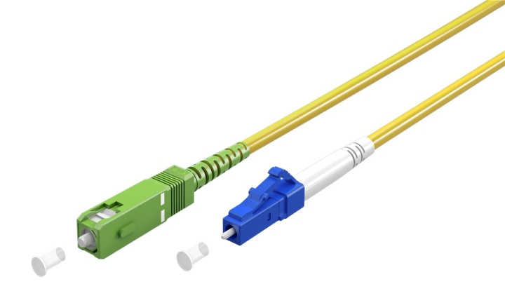 Goobay Fiberoptisk kabel (FTTH), Singlemode (OS2) Yellow, gul (Simplex), 5 m plugg SC-APC (8°) > LC plugg (UPC), halogenfri kabelhölje (LSZH)