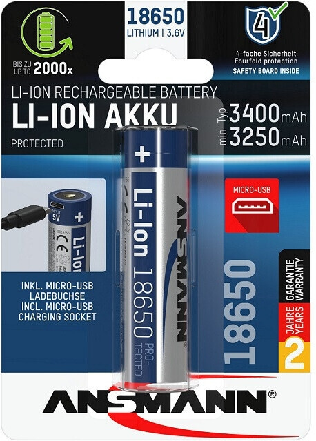 Ansmann 18650 MicroUSB-batteri, 3400 mAh i gruppen HEMELEKTRONIK / Batterier & Laddare / Batterier / Övriga hos TP E-commerce Nordic AB (C41036)