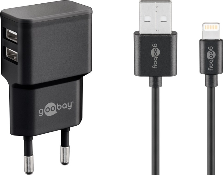 Goobay Apple Lightning Dual laddningssats (12 W) Strömförsörjningsenhet med 2x USB-uttag och Apple Lightning-kabel 1 m (svart) i gruppen SMARTPHONE & SURFPLATTOR / Laddare & Kablar / Väggladdare / Väggladdare Lightning hos TP E-commerce Nordic AB (C43980)