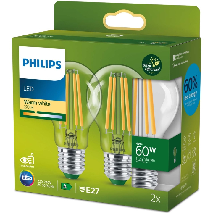 Philips 2-pack LED E27 Normal 4W (60W) Klar 840lm 2700K Energiklass A i gruppen HEMELEKTRONIK / Belysning / LED-lampor hos TP E-commerce Nordic AB (C51452)