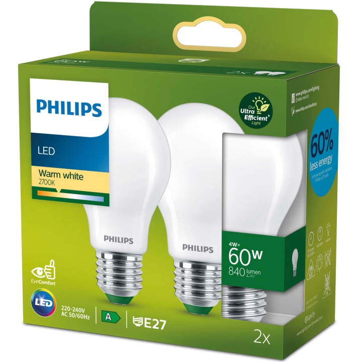 Philips 2-pack LED E27 Normal 4W (60W) Frostad 840lm 2700K Energiklass A i gruppen HEMELEKTRONIK / Belysning / LED-lampor hos TP E-commerce Nordic AB (C51453)