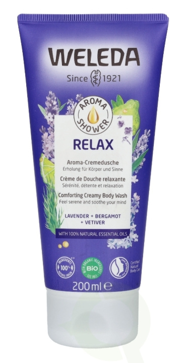 Weleda Aroma Relax Shower Cream 200 ml Comforting Creamy Body Wash, Lavender + Bergamot + Vetiver i gruppen SKÖNHET & HÄLSA / Hudvård / Kroppsvård / Bad & Duschcreme hos TP E-commerce Nordic AB (C56773)
