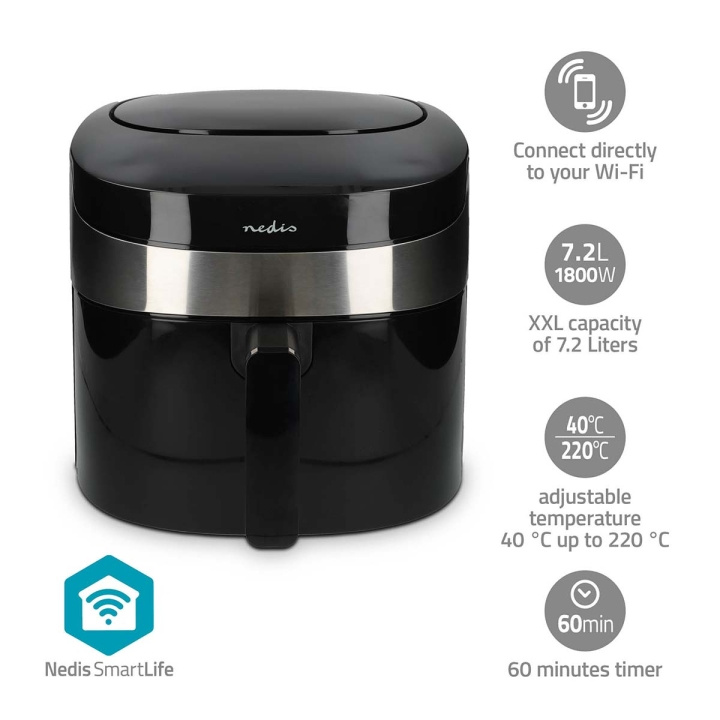 Nedis SmartLife Hot Air Fryer | Wi-Fi | 7,2 l | Timer: 60 min | Antal förinställda program: 8 | Digital | Android™ / IOS | Svart i gruppen HEM, HUSHÅLL & TRÄDGÅRD / Hushållsmaskiner / Airfryers & fritöser hos TP E-commerce Nordic AB (C57038)