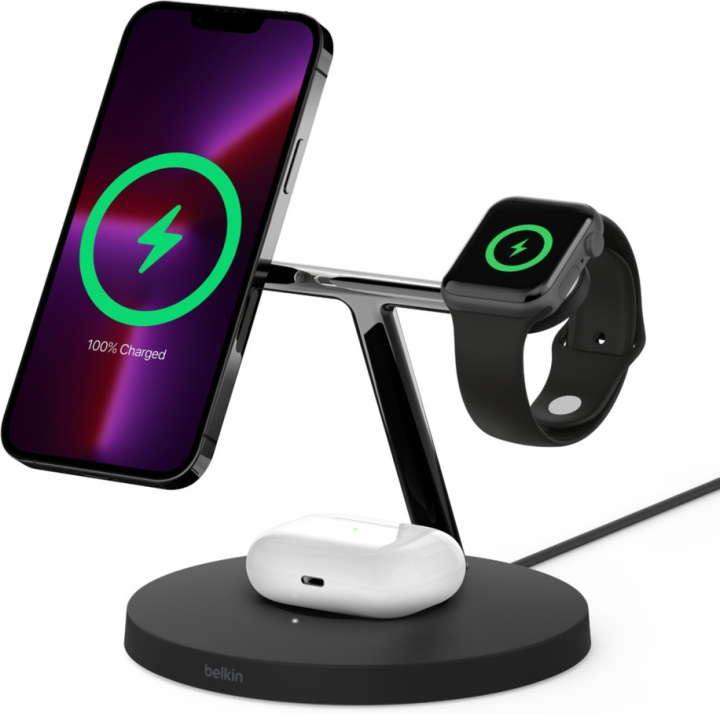 Belkin BoostCharge Pro 3-i-1 trådlös laddningsstation med MagSafe, svart i gruppen SMARTPHONE & SURFPLATTOR / Laddare & Kablar / Trådlösa Qi laddare hos TP E-commerce Nordic AB (C57795)