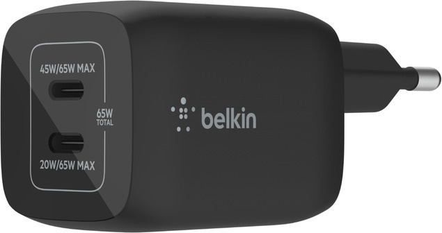 Belkin Boost Charge Pro Dual Port USB-C GaN 65 W PD 3.0 AC-laddare, svart i gruppen SMARTPHONE & SURFPLATTOR / Laddare & Kablar / Väggladdare / Väggladdare Typ C hos TP E-commerce Nordic AB (C57829)