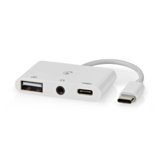 Nedis USB Multi-Port Adapter | 3-i-1 | USB 2.0 | USB-C™ Hane | USB-A Hona / USB-C™ Hona / 3.5 mm Hona | 480 Mbps | 0.10 m | Rund | Nickelplaterad | PVC | Vit | Låda