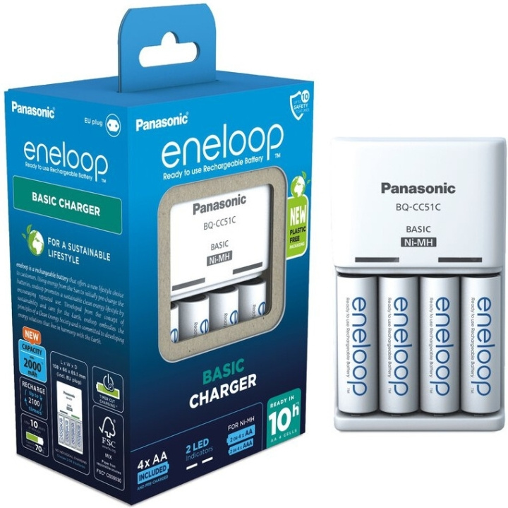 Panasonic Eneloop BQ-CC51 laddare + 4 st 2000 mAh AA-batterier i gruppen HEMELEKTRONIK / Batterier & Laddare / Laddningsbara batterier / AA hos TP E-commerce Nordic AB (C58864)