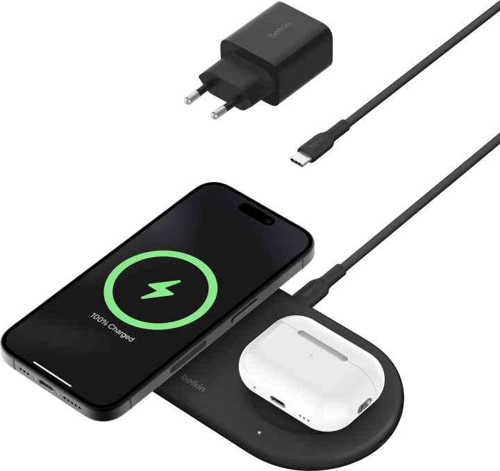 Belkin BoostCharge Pro 2-i-1 Qi2 laddningsplatta, svart i gruppen SMARTPHONE & SURFPLATTOR / Laddare & Kablar / Trådlösa Qi laddare hos TP E-commerce Nordic AB (C58923)