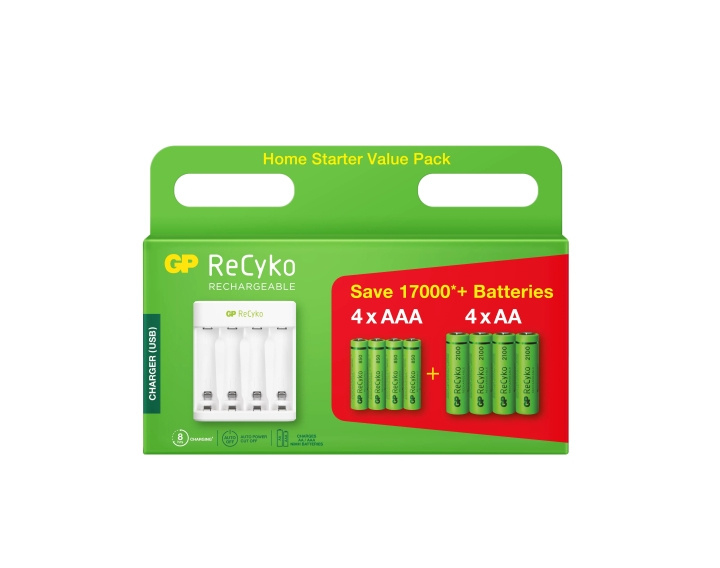 GP ReCyko Kit 4xAA 2100mA/ 4xAAA 850mA NiMH prepacked display i gruppen HEMELEKTRONIK / Batterier & Laddare / Laddningsbara batterier / AA hos TP E-commerce Nordic AB (C60035)