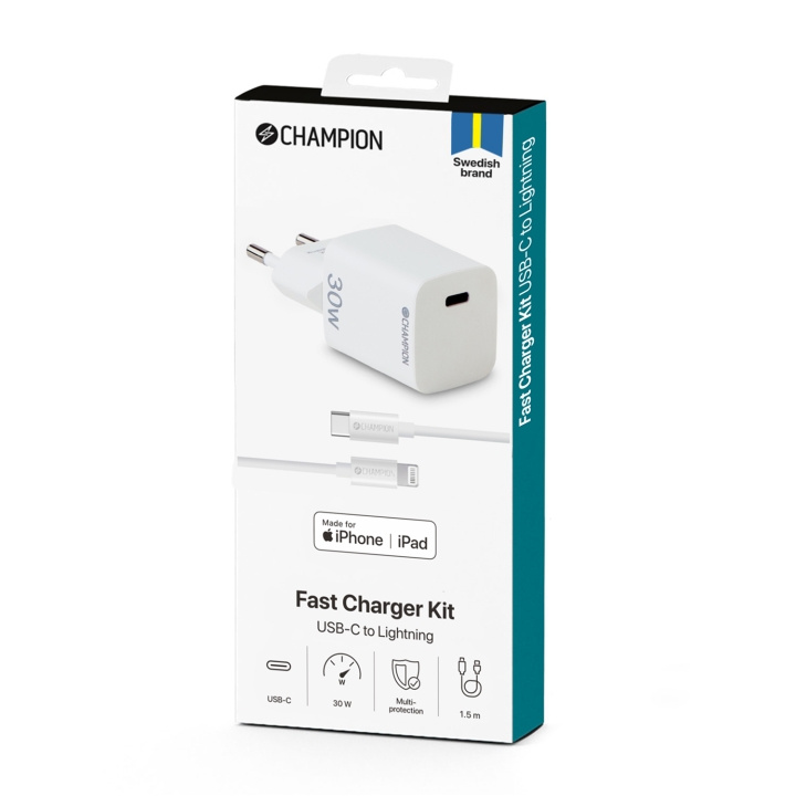 Champion Laddare 30W + USB-C till Lightning Kabel Vit i gruppen SMARTPHONE & SURFPLATTOR / Laddare & Kablar / Väggladdare / Väggladdare Lightning hos TP E-commerce Nordic AB (C60262)