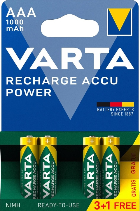 Varta Recharge Charge Accu Power AAA 1000mAh 4 Pack (3+1) i gruppen HEMELEKTRONIK / Batterier & Laddare / Laddningsbara batterier / AAA hos TP E-commerce Nordic AB (C60789)