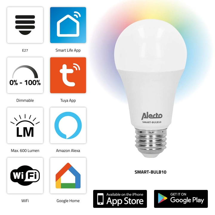 Alecto SMART-BULB10 Smart LED-färglampa med Wi-Fi i gruppen HEM, HUSHÅLL & TRÄDGÅRD / Smarta hem / Smart belysning hos TP E-commerce Nordic AB (C64497)