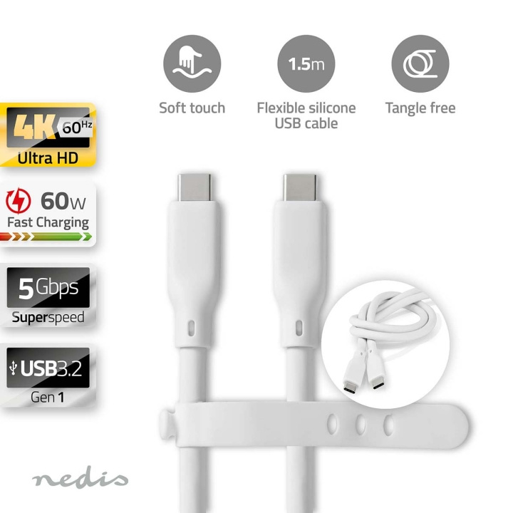 Nedis USB-kabel | USB 3.2 Gen 1 | USB-C™ Hane | USB-C™ Hane | 60 W | 4K@60Hz | 5 Gbps | Nickelplaterad | 1.50 m | Rund | Silikon | Vit | Låda i gruppen DATORER & KRINGUTRUSTNING / Datorkablar / USB-kablar / USB-C hos TP E-commerce Nordic AB (C66109)