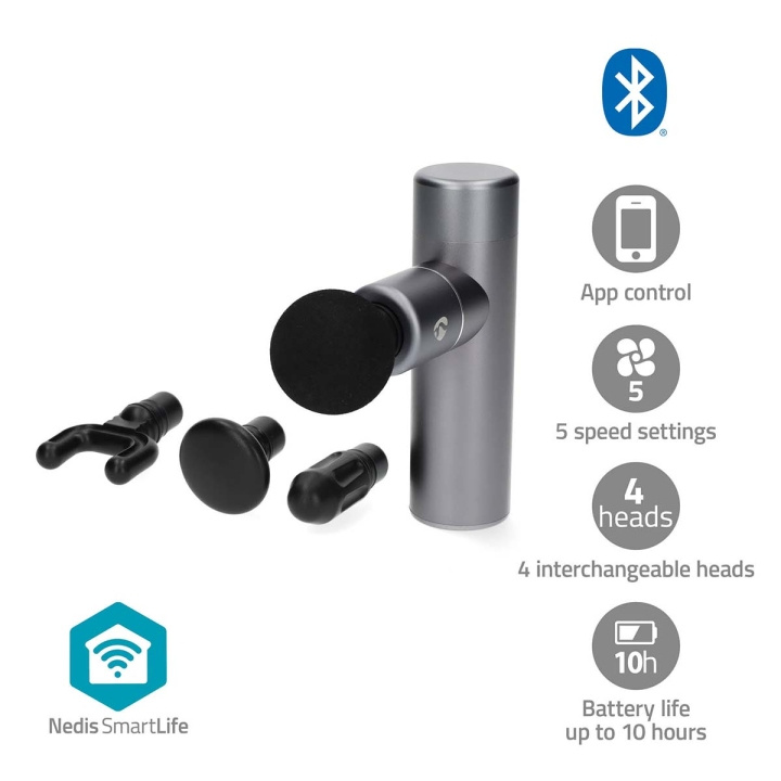 Nedis SmartLife Sportmassage Pistol | Accu Powered | N/A | Uppladdningsbara | 5 Massagelägen | Dragsko / Koniskt huvud / Platt huvud / Sfäriskt huvud / U-formad huvud | Mörkgrå i gruppen SKÖNHET & HÄLSA / Massage & Wellness / Massage & Muskelstimulering hos TP E-commerce Nordic AB (C66699)