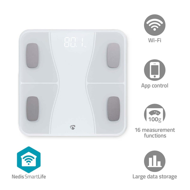 Nedis SmartLife Hälso Vågar | Bluetooth® | Ben / BMI / BMR / Fett / Muskler / Vatten / Vikt | 12 | Max last: 180 kg | Android™ / IOS | ABS / Glas | Vit i gruppen SKÖNHET & HÄLSA / Hälsovård / Personvågar hos TP E-commerce Nordic AB (C66708)