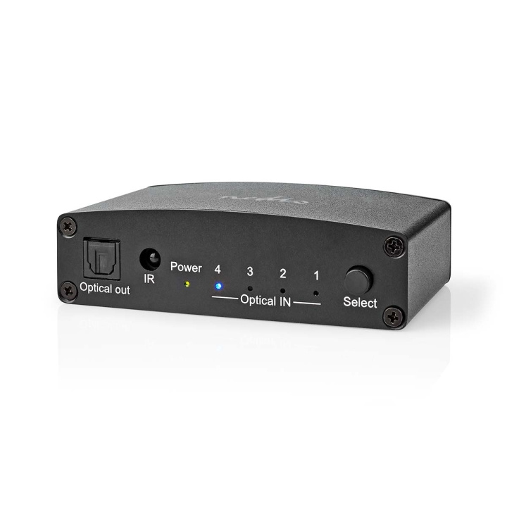 Nedis Digital Audio Switch | 4-vägs | Anslutningsingång: DC Ström / 4x TosLink | Anslutningsutgång: TosLink Hona | Fjärrkontroll / Instruktionsbok / Knapp | Metall | Svart i gruppen HEMELEKTRONIK / Kablar & Adaptrar / Ljud Digital hos TP E-commerce Nordic AB (C67495)
