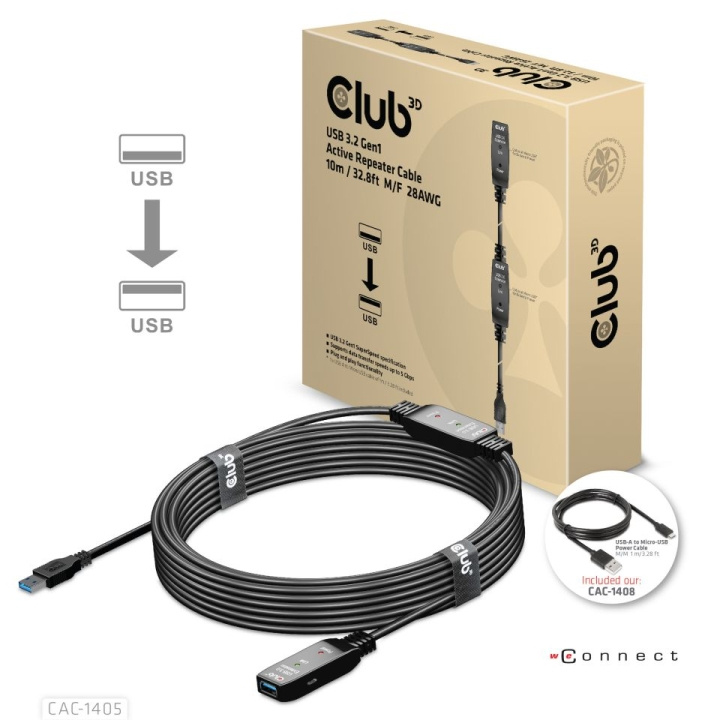 Club 3D USB 3.2 Gen1 aktiv repeaterkabel 10 m M/F 28AWG i gruppen HEM, HUSHÅLL & TRÄDGÅRD / El & Belysning / Förlängningskablar hos TP E-commerce Nordic AB (C67904)