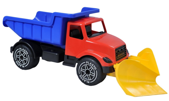Plasto Stor plogbil 82 cm, röd hytt med blått tippbart flak, tysta hjul i gruppen LEKSAKER, BARN- & BABYPRODUKTER / Leksaker / Leksaksbilar & andra fordon hos TP E-commerce Nordic AB (C81738)