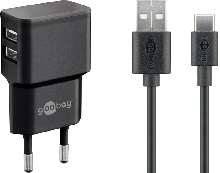Goobay USB-C™ Dual laddningssats (12 W) Strömförsörjning med 2x USB-uttag och USB Type-C™ 1 m kabel (svart) | SMARTPHONE & SURFPLATTOR - Laddare & Kablar - Väggladdare - Väggladdare Typ C | GameStuff