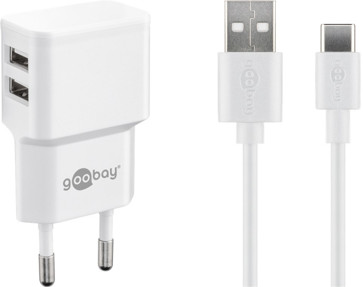 Goobay USB-C™ Dual laddningssats (12 W) Strömförsörjning med 2x USB-uttag och USB Type-C™ 1 m kabel (vit) | SMARTPHONE & SURFPLATTOR - Laddare & Kablar - Väggladdare - Väggladdare Typ C | GameStuff