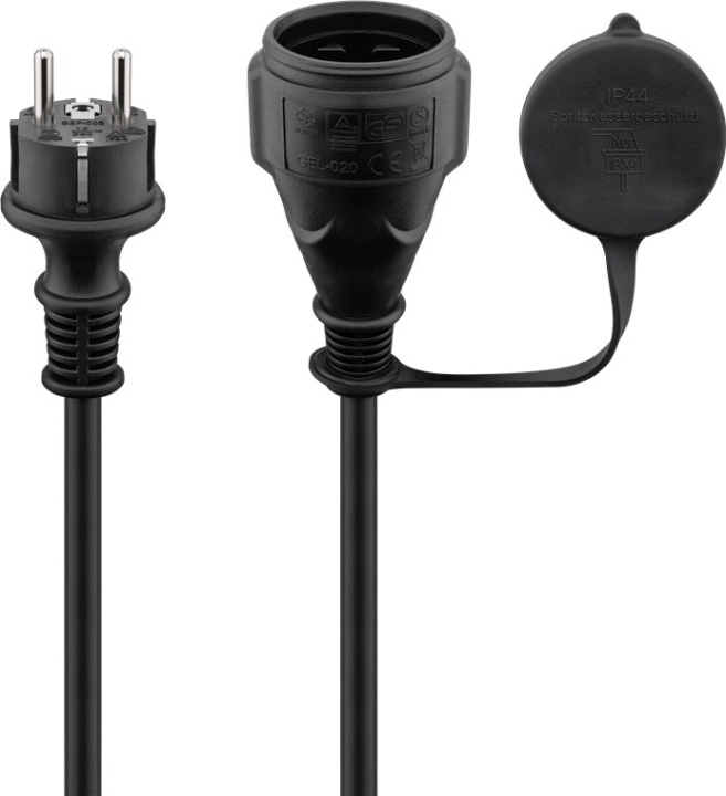 Goobay Strömkabel utomhus, 10 m, svart jordad hybrid stickpropp (typ E/F, CEE 7/7) > jordat uttag (typ F, CEE 7/3) | HEM, HUSHÅLL & TRÄDGÅRD - El & Belysning - Förlängningskablar | GameStuff
