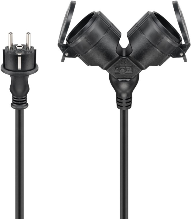 Goobay Dubbel förlängningskabel för utomhusbruk, 10 m, svart jordad hybrid stickpropp (typ E/F, CEE 7/7) > 2x jordat uttag (typ F, CEE 7/3) i gruppen HEM, HUSHÅLL & TRÄDGÅRD / El & Belysning / Förlängningskablar hos TP E-commerce Nordic AB (C86943)